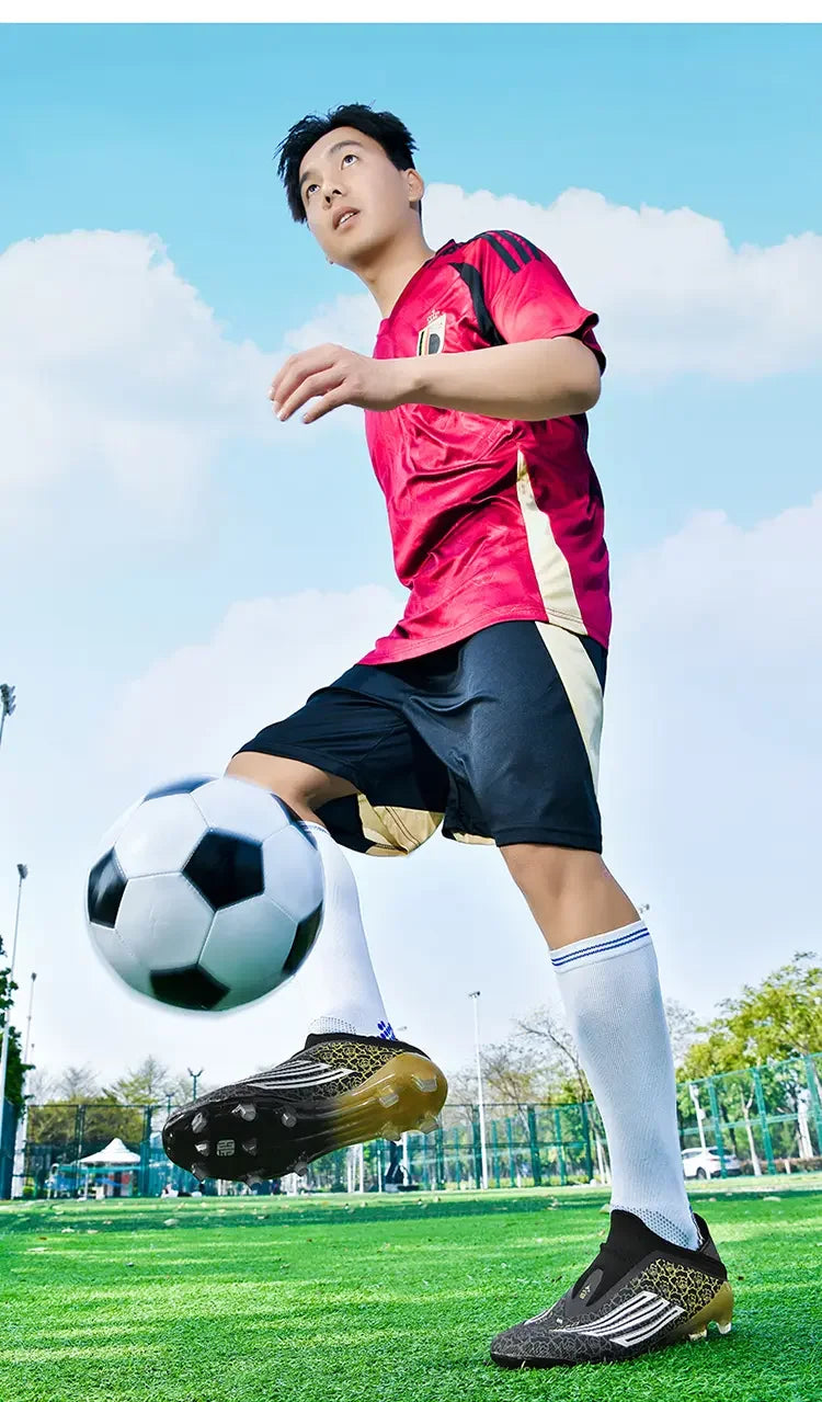 Men High Top Soccer Cleats Firm Ground Stud Sole Breathable Wear Resistant Outdoor Lawn Match Training Football Shoes