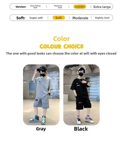 Summer Kids Boys T-Shirt+Shorts 2-Piece Set Letter Printing Children Teen Loose Comfortable Sports Casual Clothes 4-14 Years Old