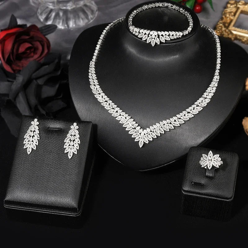 Classic rectangular cubic zirconia wedding necklace and earring set Dubai Nigeria CZ Bridal Jewelry Set
