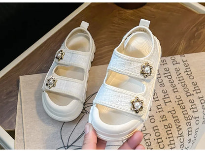 2025 Nice Straw Children Sandals New Arrivals Girls Appliques Metal Decos Sandals for Kids Girl Anti-kick Toe Beach Shoes I03242