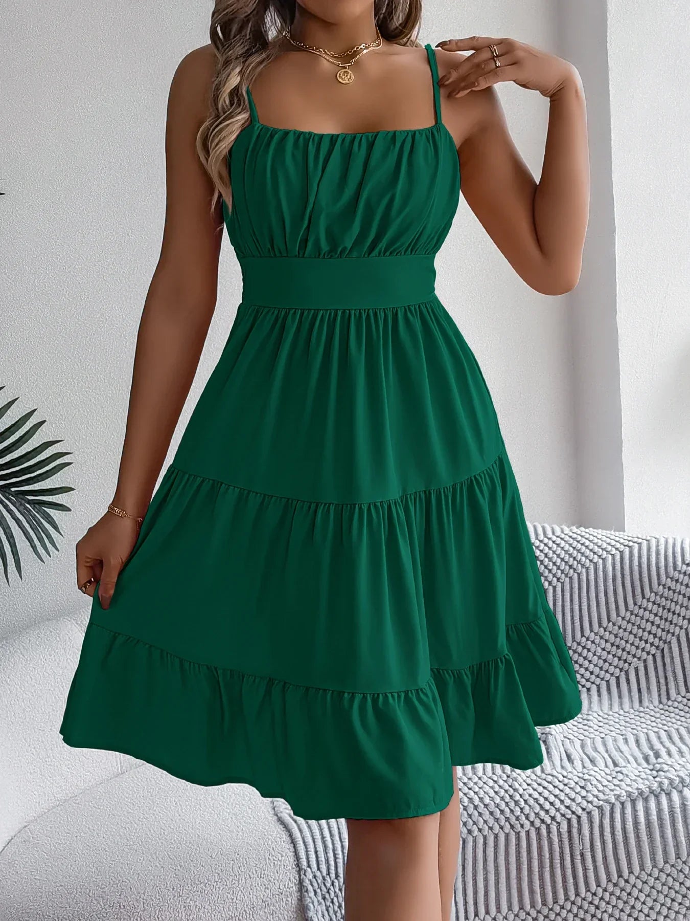 Casual Vacation Ruffled Camisole Dress Spring Summer Women's Solid Dresses for 2026 Valentine's Day Woman Clothing Pink Blue