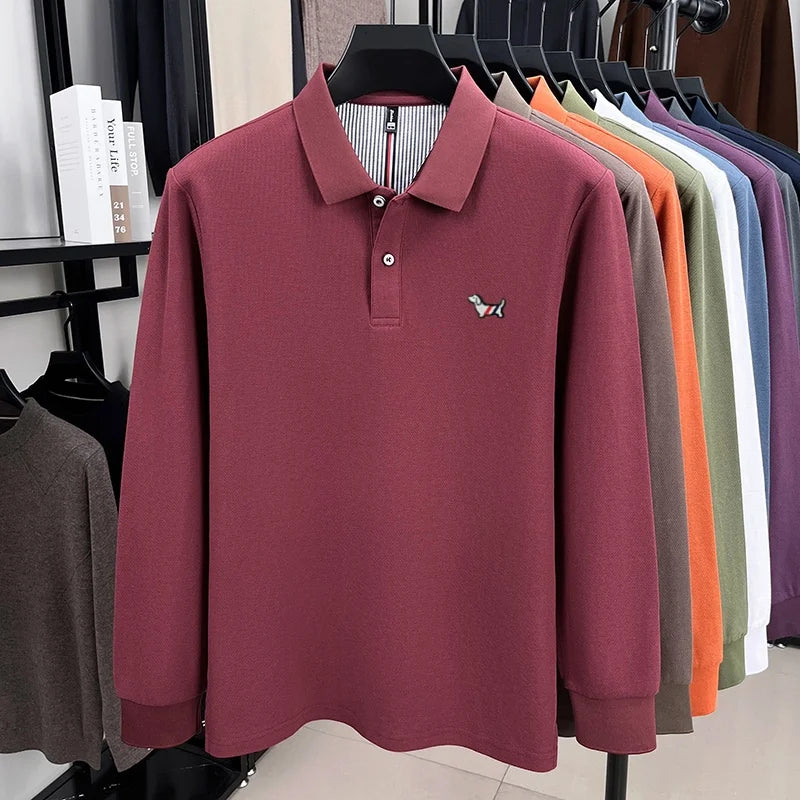100% pure cotton autumn high-end luxury men's brand long sleeved polo shirt original embroidered dog design golf top T-shirt