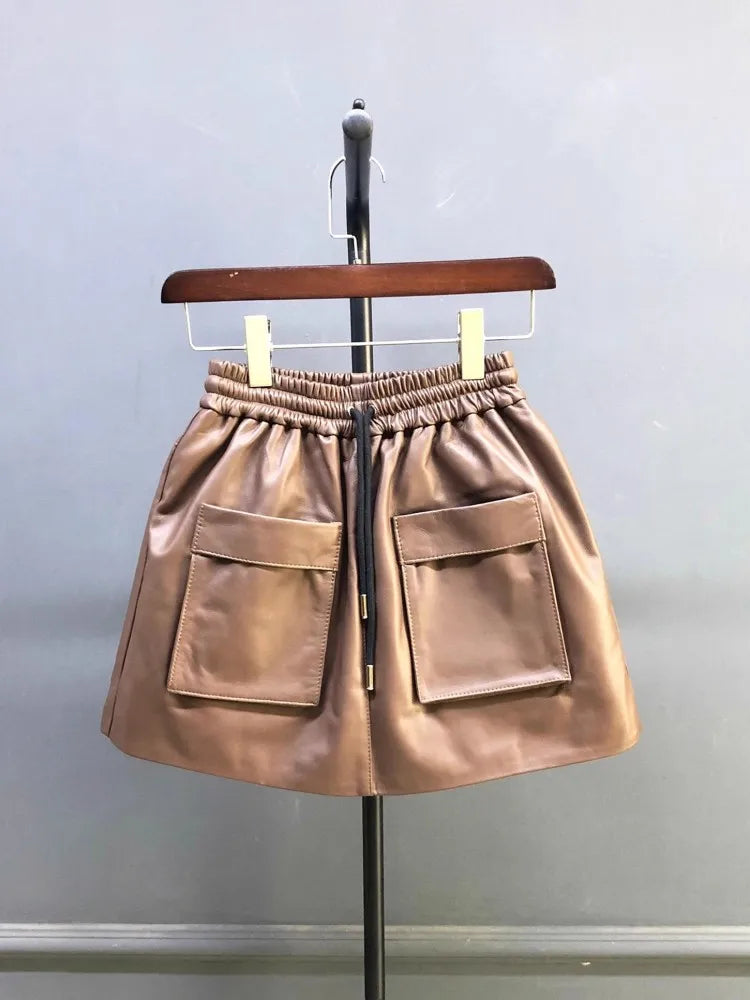 New Autumn Natural Sheepskin Elastic Waist Shorts Skirts A-Line Pocket Wide Leg Casual Above Knee Mini Genuine Leather Skirt 4XL
