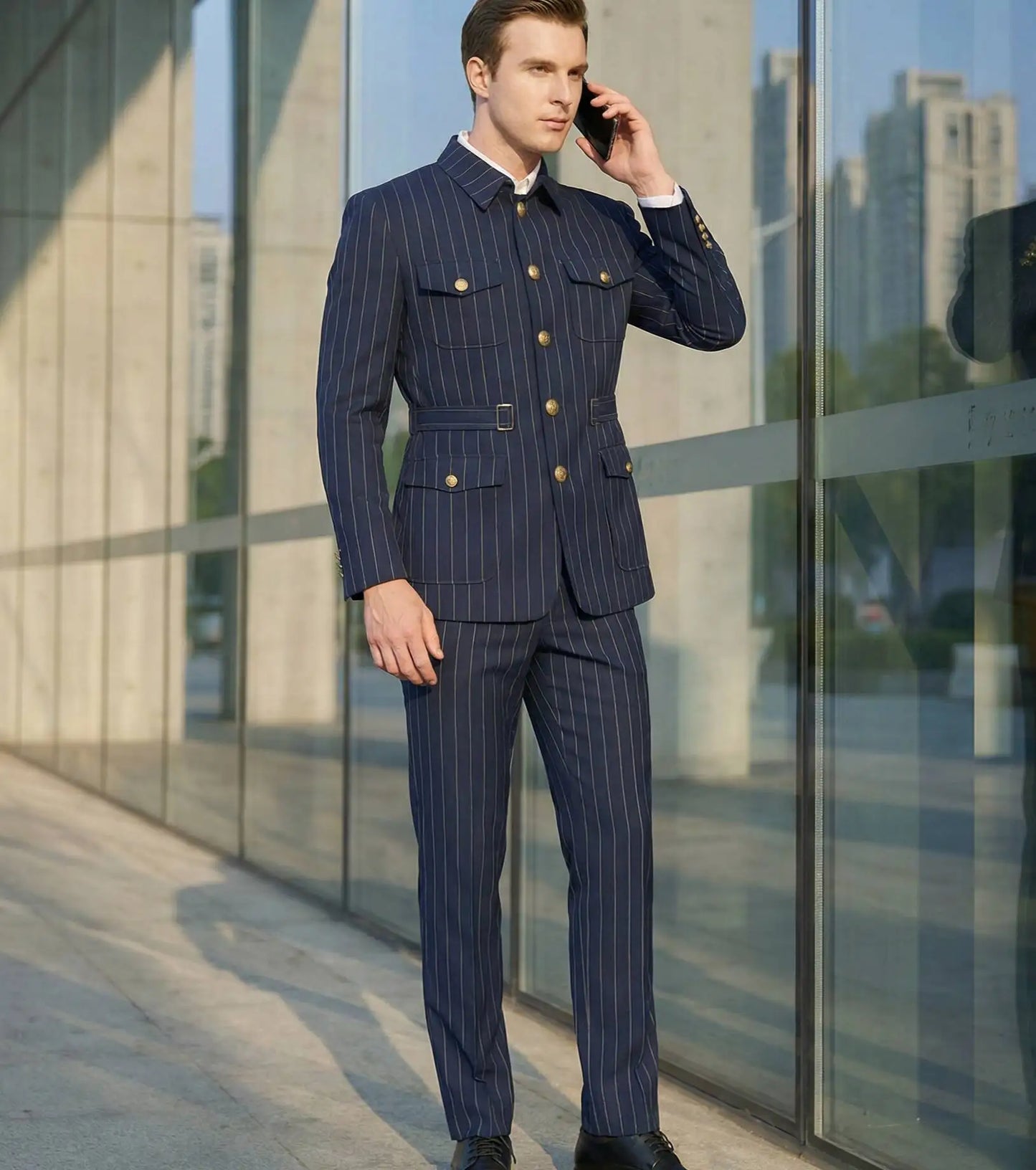 Elegant Dark Blue Striped Men's Suit Slim Fit Double-Breasted Jacket And Trouser Set Fashionable Collarless 2-Piece Suit
