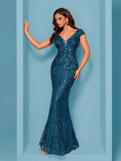 Elegant Champagne Evening Dress For Women Long 2024 Luxury Mermaid Formal Sequins Prom Wedding Party Cocktail Dresses