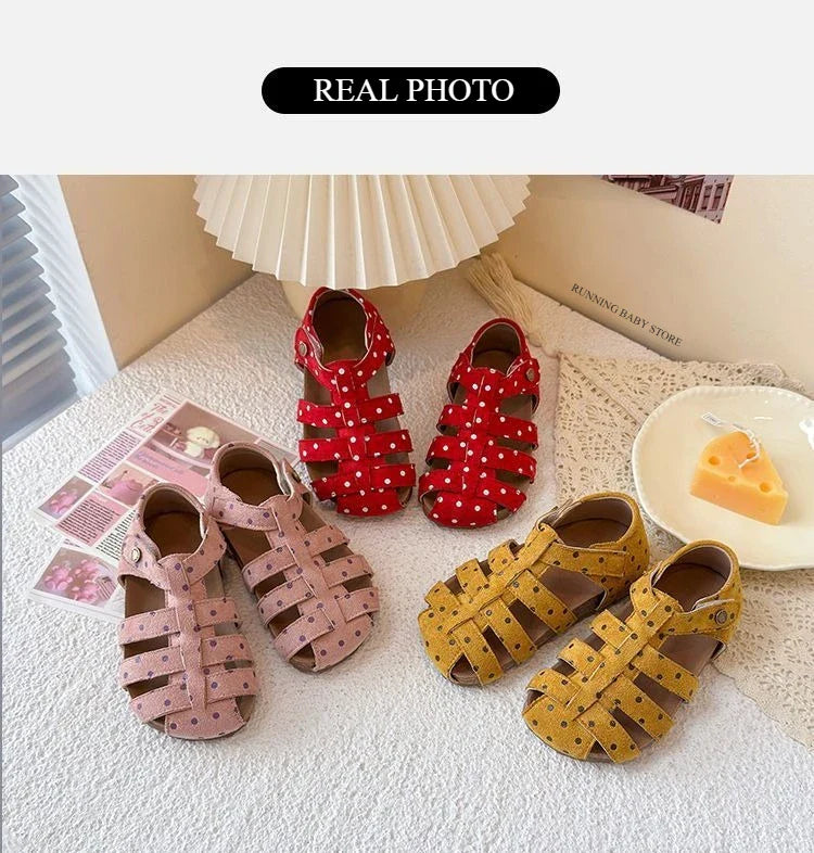 All Over Print Polka Dot Children Sandals for Girls Suede Leather Summer Students Holiday Shoes Girl Daily Shoes Cut-outs I05103