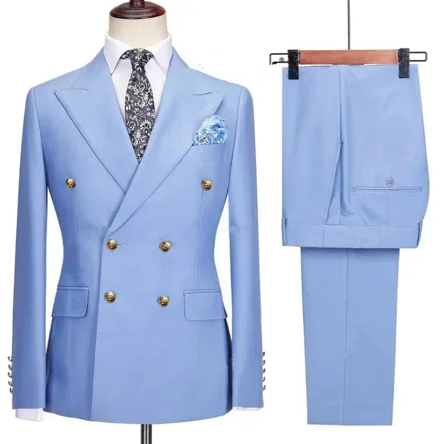 Double Breasted Men Suit Navy Blue High Quality Wedding Costume Party Prom Gold Buttons Groom Suits
