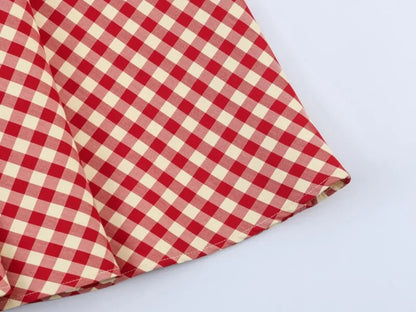 Women's Red Gingham A-Line Midi Skirt – High Waist, Flared Hem, Spring Casual Skirt for Picnic & Outdoor Outings