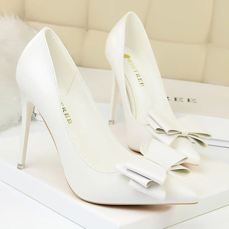 Female New Elegant 10.5cm High Heels Pumps Lady Sky Blue Butterfly Knot Design Princess Shoes Women Glam Pointed Toe Shoes