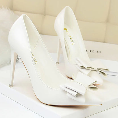 Female New Elegant 10.5cm High Heels Pumps Lady Sky Blue Butterfly Knot Design Princess Shoes Women Glam Pointed Toe Shoes