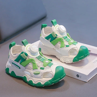 Kids Shoes Rotating Button Closed-Toe Boys Sandals Breathable Mesh Sport Shoes for Boys, Non-Slip Children Summer Sneakers