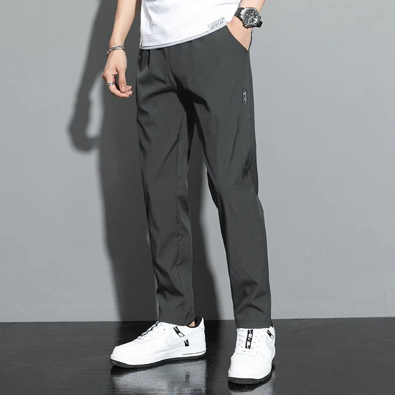 Ice Silk Men's Pants 2026 Summer New Black Gray Thin Business Casual Pants Outdoor Elastic Breathable Straight Leg Sweatpants