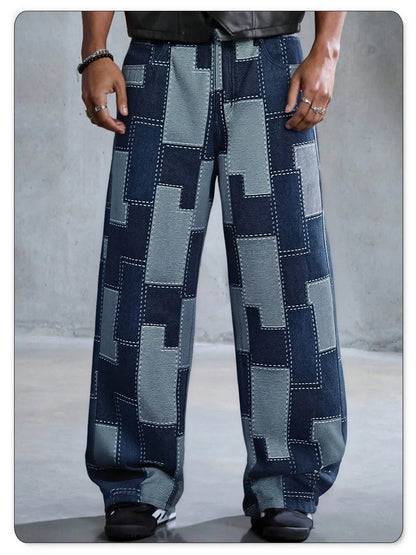 Spring Summer Comfortable Baggy Wide Leg Jacquard Jeans Casual Fashion Pixel Pattern Street Denim Pants Korean Unisex Pants