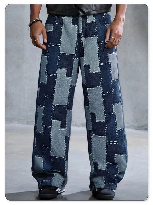Spring Summer Comfortable Baggy Wide Leg Jacquard Jeans Casual Fashion Pixel Pattern Street Denim Pants Korean Unisex Pants