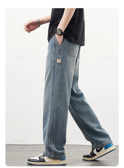 Brand Clothing High Quality Starry Sky Texture Fabric Men's Jeans Loose Straight Denim Pants Elastic Waist Drawstring Trousers