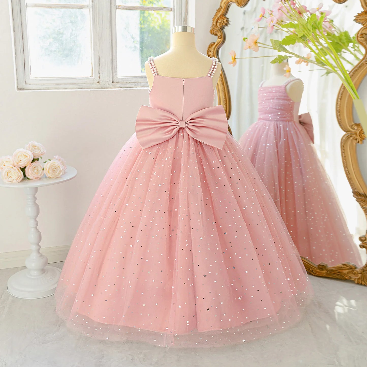 Elegant Sequins Bridemaids Girl Dress Summer Big Bow Tulle Wedding Princess Party Prom Dresses Girls Birthday Evening Ball Gown