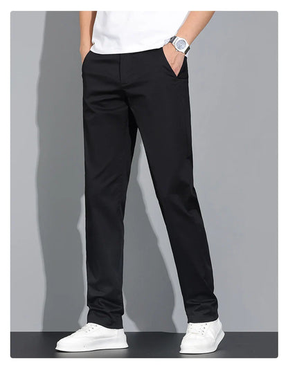 New Men's Business Cotton Thin Straight Pants Casual Elastic Slim Comfortable Male Brand Trousers Black Gray Khaki Royal Blue