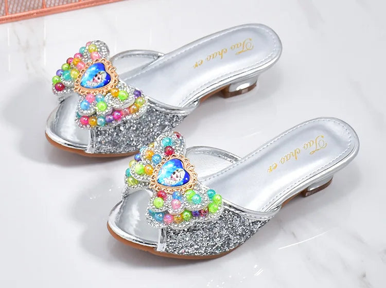 Girls High Heels Shoe Slippers Children Slippers Bow A Word Drag Sandals Soft Bottom Kids Party Wedding Performance Princes Shoe