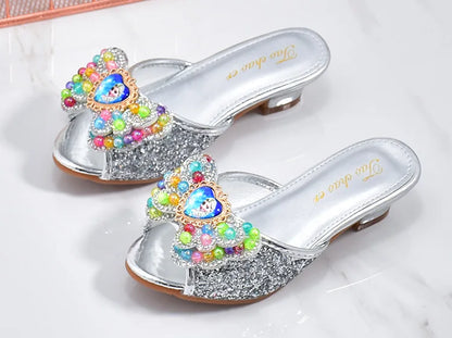 Girls High Heels Shoe Slippers Children Slippers Bow A Word Drag Sandals Soft Bottom Kids Party Wedding Performance Princes Shoe