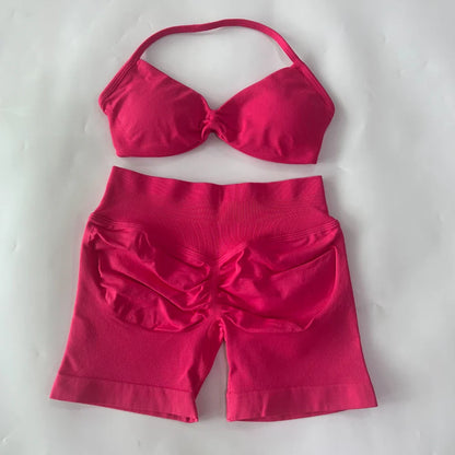 NO LOGO 2PCS Gym Set Women Strappy Yoga Bra Top High Waist Workout Scrunch Shorts Sports Suit Seamless Yoga Set Fitness Clothes