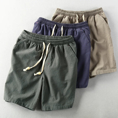 Summer Men Casual Cotton Linen Shorts Knee Length Beach Elastic Waist Shorts Solid Color Comfortable Pants New