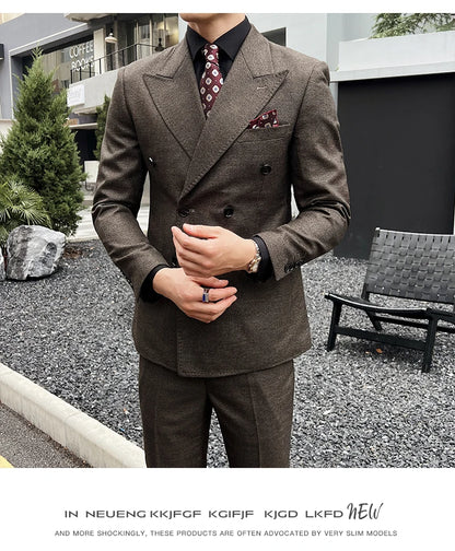 Men Vintage Luxury Double Breasted Slim Fit Lapel Evening Gown ltalian Style Fashion High-end Groom Wedding Party Tuxedo 2 Piece