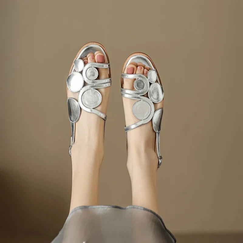 Women's New Round Head Spring/Summer Genuine Leather Sheepskin Spliced Low Heel Large Size Elastic Open Toe Sandals