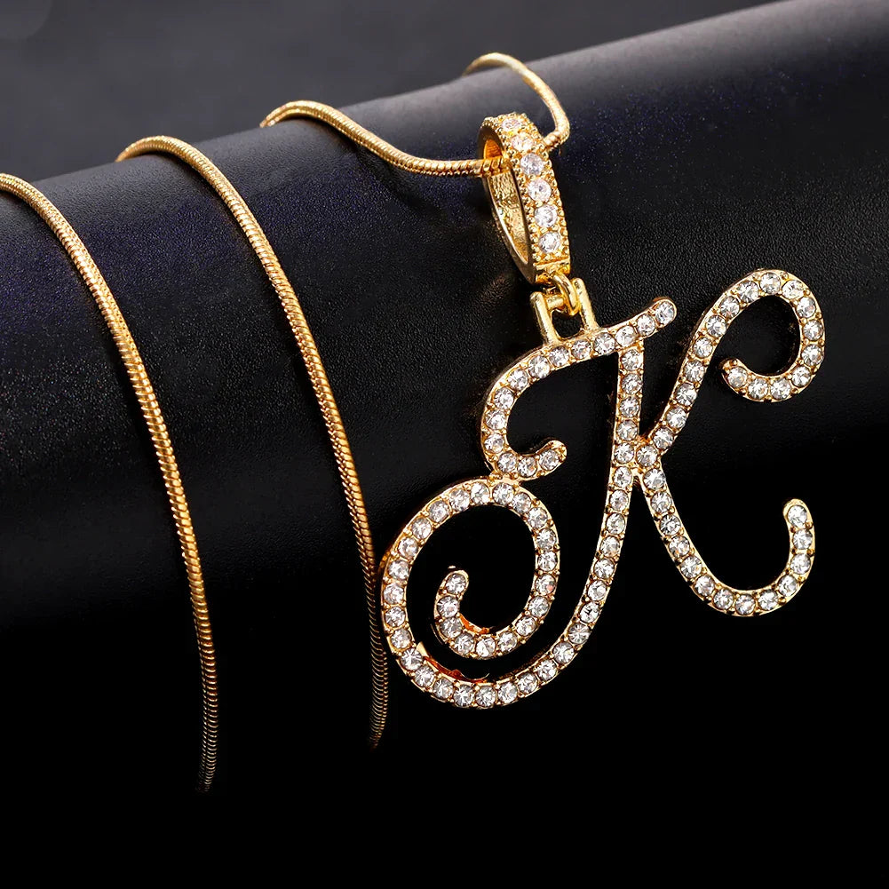 Fashion 26 Cursive Initial Letter Zircon Pendant Necklace For Women Shiny Crystal Alphabet Rope Chain Necklace Hip Hop Jewelry