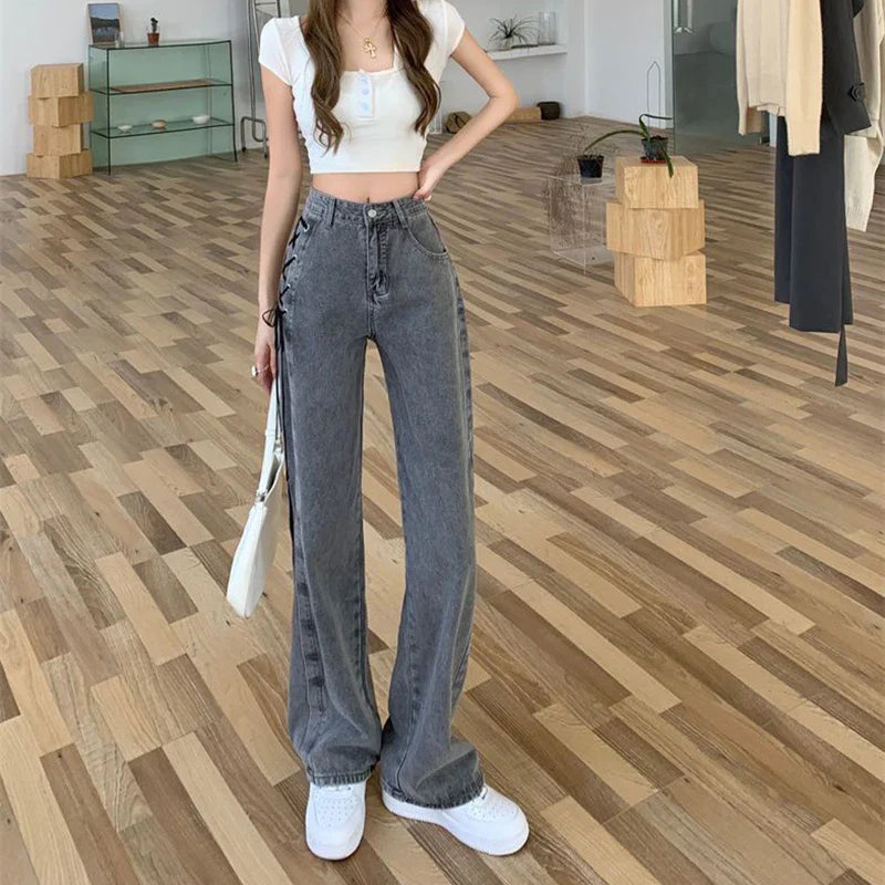 Women Vintage High Waist Straight Denim Pants