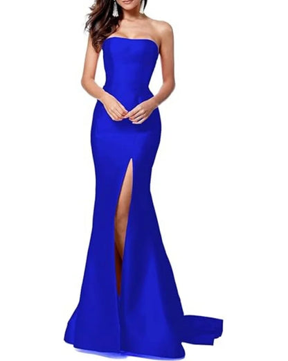 Women's Sleeveless Mermaid High Slit Backless Long Prom Gowns Strapless Floor Length Satin Evening Maxi Dresses
