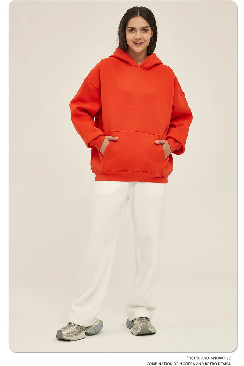 Thick 350gsm Fleece Hooded Hoodies For Men Unisex Winter Oversized Loose Basic Solid Sweatshirts Pullovers Coats HY0631