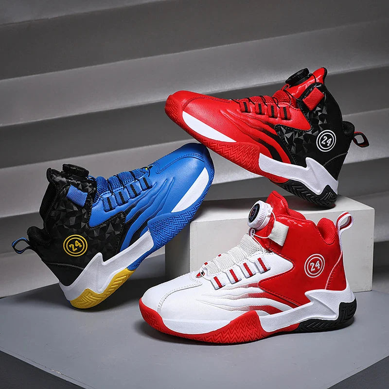 Kids Basketball Shoes Boys Rotary Buckle Sneakers Non-slip Child Trainer Basket Shoes Outdoor Children Sport Running Footwear