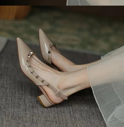 High-quality fashionable high-heeled shoes. Women's retro rivet pointed-toe patent leather casual comfortable office sandals