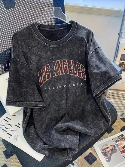Vintage Washed Los Angeles Arch Letter Graphic T-Shirt, Retro USA City Casual Washed Black Crew Neck Short Sleeve Unisex Top