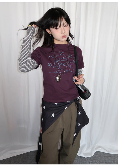 Y2k Vintage T-shirt Women Long Sleeve Patchwork Japanese 2000s Grunge Tops Streetwear American Retro Print Graphic Tops
