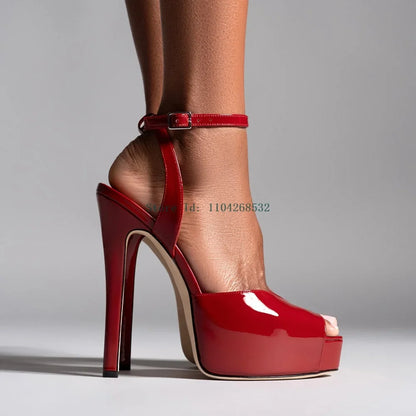 Red Patent Leather Platform High Heels  Stiletto Ankle Buckle Strap Solid New Arrivals Fashion Slingback Buckle Strap Shoes