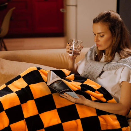 1PC Throw Checkerboard Black and Orange Flannel Blanket for Couch Bed Sofa Cozy Comfy Warm Halloween Decor for All Season