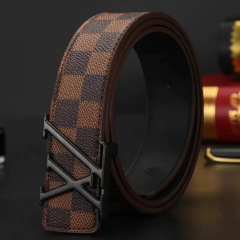 Light Luxury Premium Mens Leather Belt Check Pattern Genuine Pure Cowhide Casual Business Trendy Waist Belt