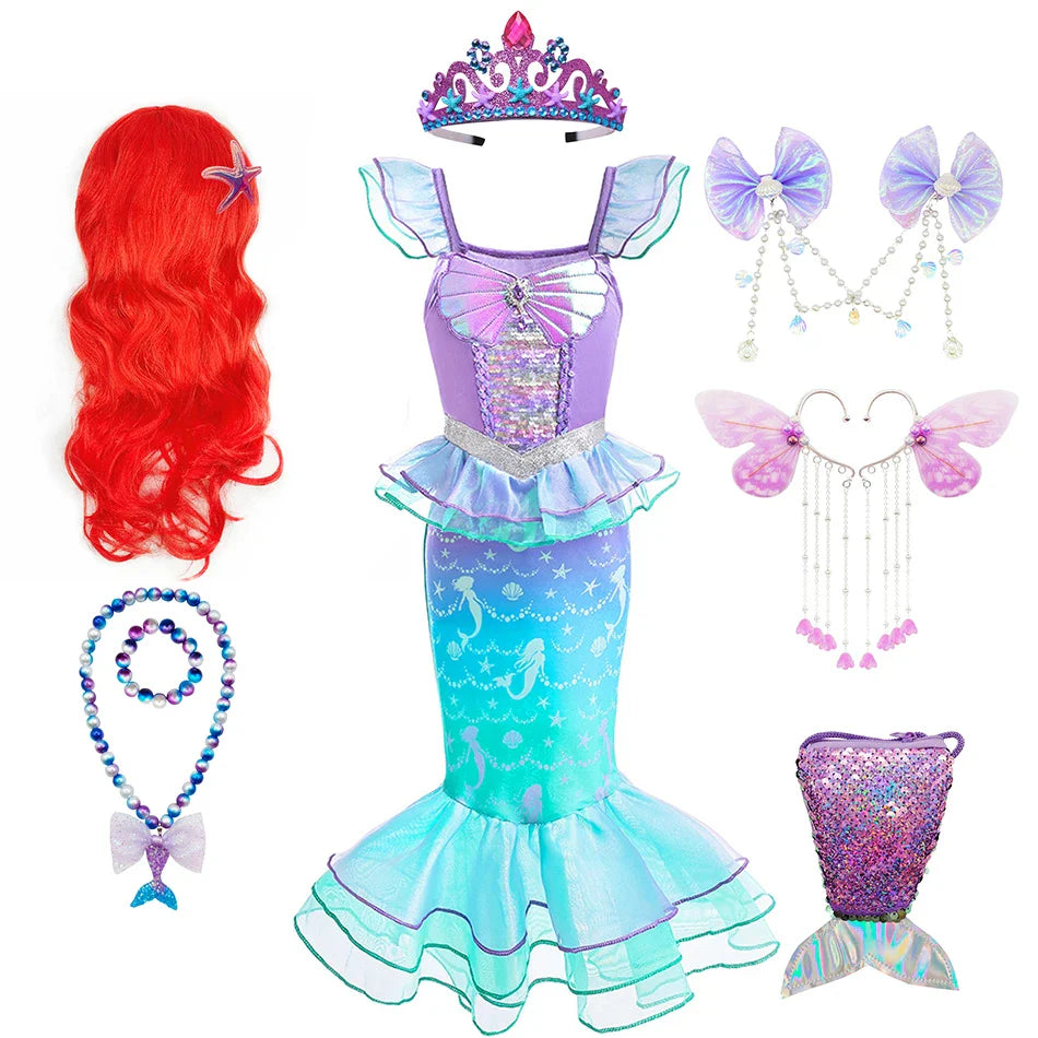 Halloween Costume Mermaid Dress Girl Ruffles Shell Fishtail Frocks Ariel Fantasy Luxury Princess Gown Children Fancy Fairy Dress
