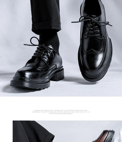Men Korea Leather Platform Oxfords Slip on Thick Tottom for Male Derby Shoes Casual Loafers Mens Square Toe Formal Dress Shoes