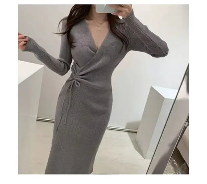 V-ne Knitted Wrap Waist Slimming Mid-length A-line Dr Women's Sweater Dr Korean Sle High Waist Long Sve