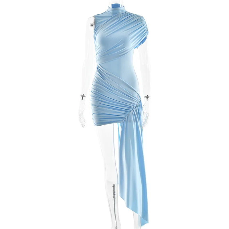 Summer Draped Ruched Sexy Mini Dress Women 2025 New Irregular High Waist Slim Fit Dress Female Elegant Club Tank Dress