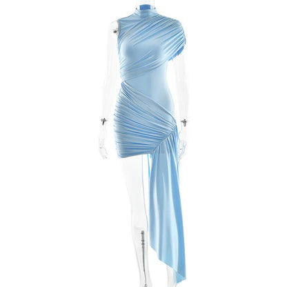 Summer Draped Ruched Sexy Mini Dress Women 2025 New Irregular High Waist Slim Fit Dress Female Elegant Club Tank Dress