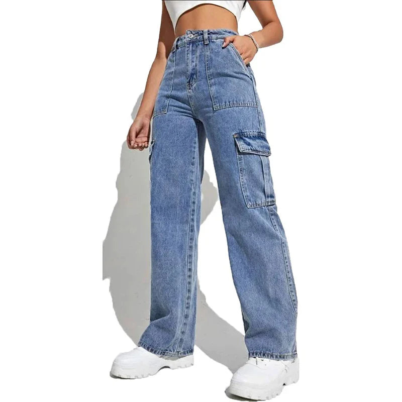 Y2K Punk High Waist Cargo Denim Pants Streetwear Pockets Skater Trousers