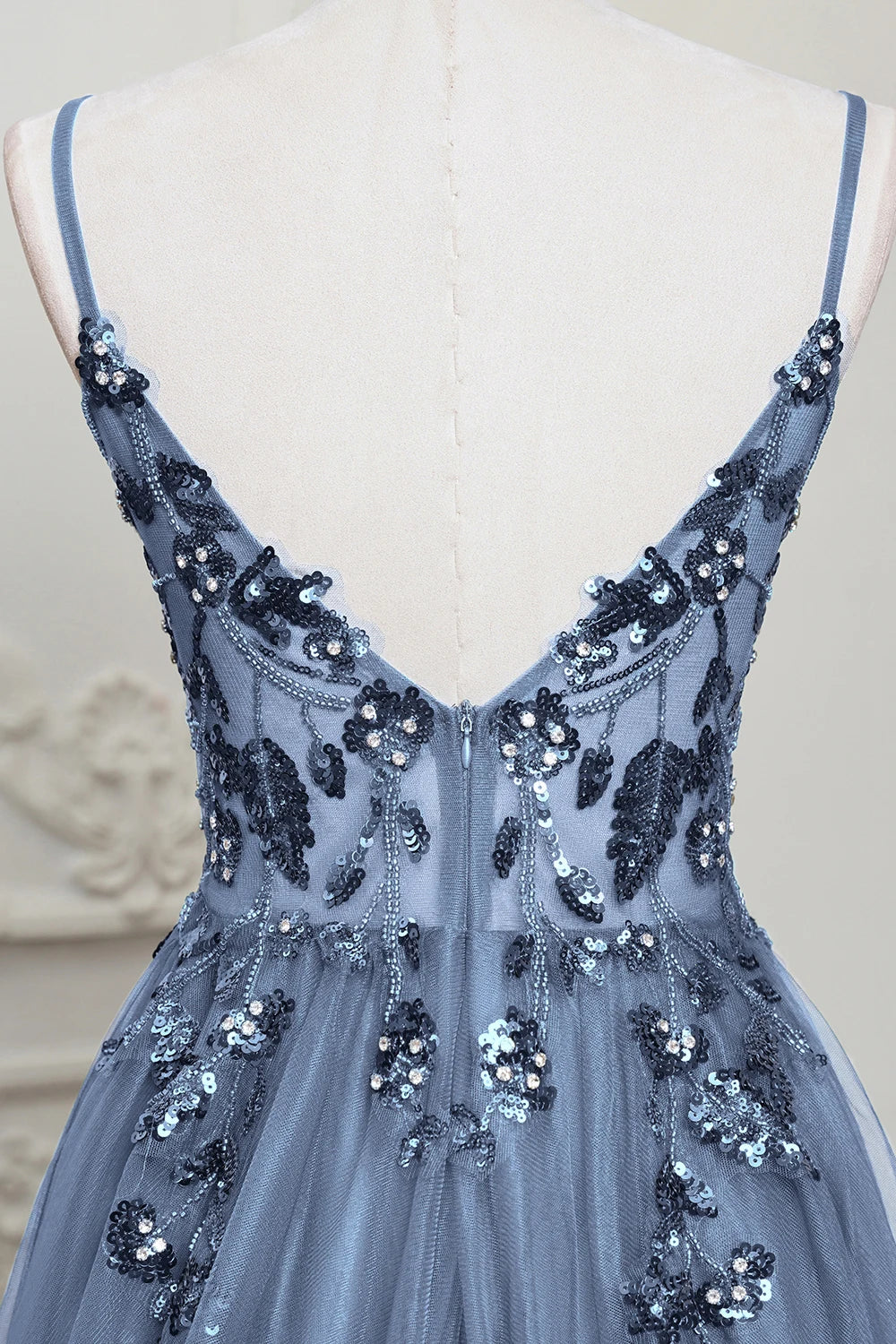 Sling Evening Dresses Prom Dress V-Neck A-Line Train High Split Gowns Sexy Spaghetti Straps Illusion Sequins Appliques