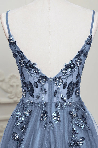 Sling Evening Dresses Prom Dress V-Neck A-Line Train High Split Gowns Sexy Spaghetti Straps Illusion Sequins Appliques