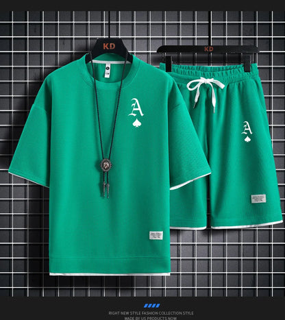 Fashionable casual men's sports suit short-sleeved T-shirt and outdoor summer sports shorts two-piece set daily casual
