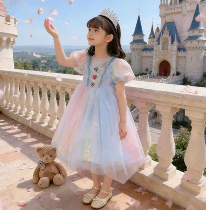 Girls Elsa Inspired Gradient Rainbow Tulle Dress 2026 Summer Kids Princess Costume for Birthday Party Pageant