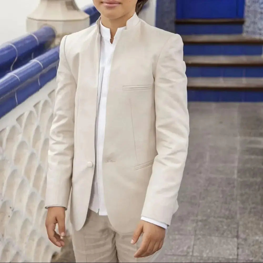 2 Pieces Beige Linen Boys Suit Set Jacket Pants Outdoor Activities Handsome Comfortable Kids Tuxedos Summer Beach Wedding Wear