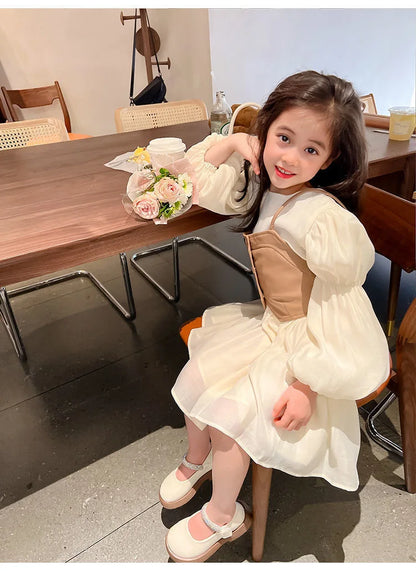Spring Autumn Girls Dress Set Long Sleeve Children's Retro PU Leather Vest Dress Set Teenage Girls Clothing Suit 4 6 8  12Y